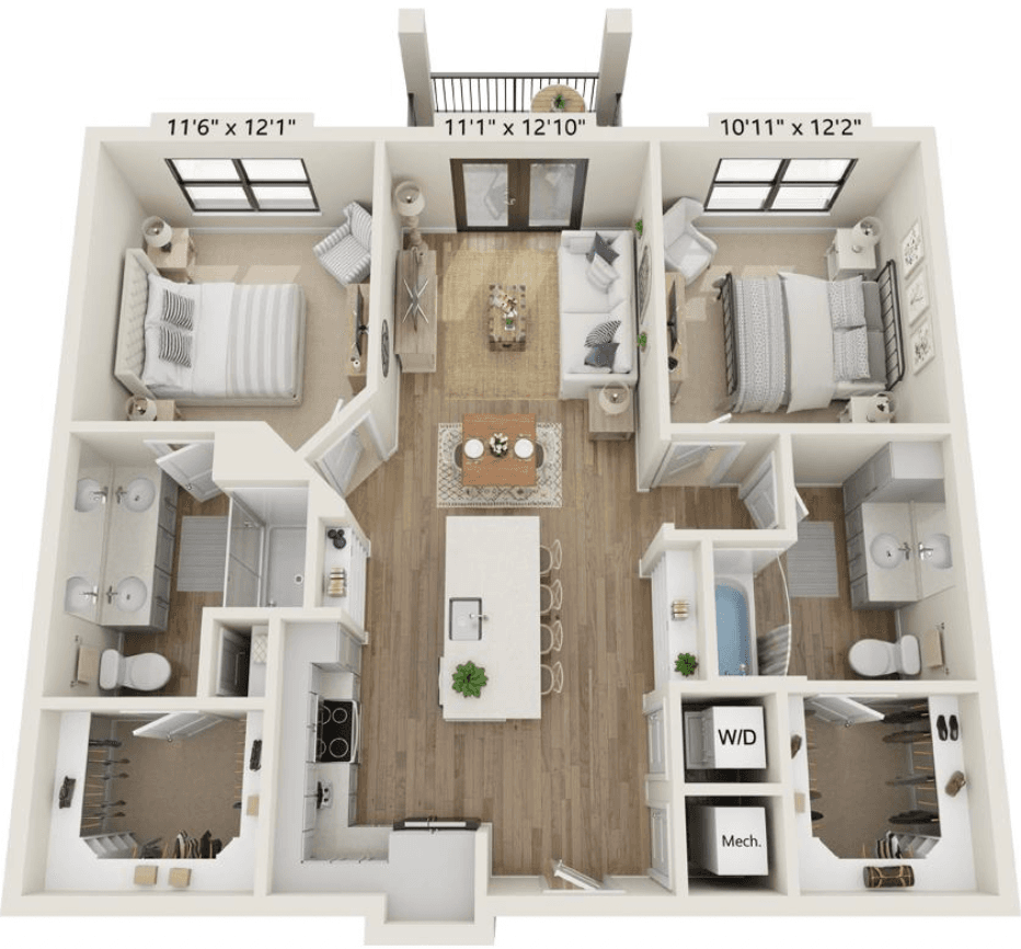 The 2C — 2 bed / 2 bath · 1,067 sf