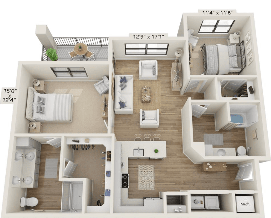 The 2D — 2 bed / 2 bath · 1,228 sf