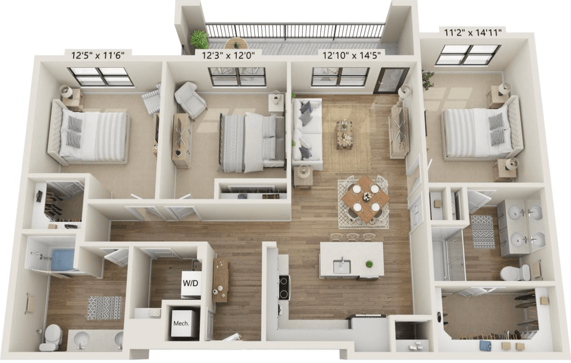 The 3B — 3 bed / 2 bath · 1,469 sf
