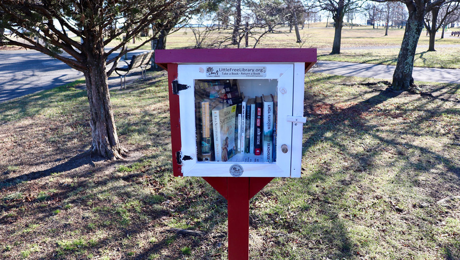 An outdoor, wooden community library box full of free books.